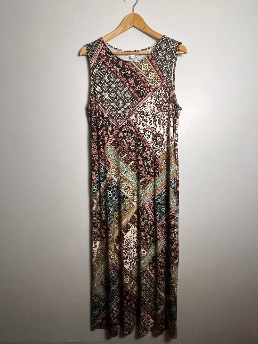 J JILL Womens Boho Patchwork Floral Maxi Dress Sz M Pockets Stretch Knit Cottage - Picture 1 of 8